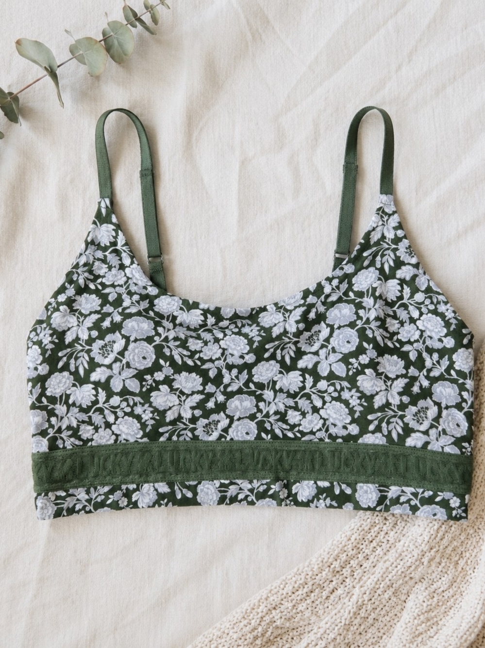 Lucky Brand Olive Green Floral Lace-Trim Bralette Size L Soft Wireless Bra